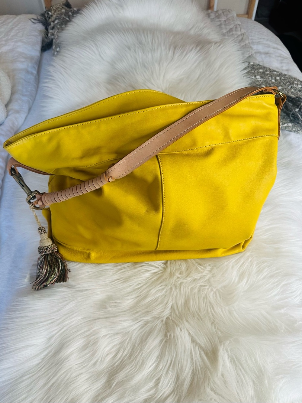 Yellow Leather Shoulder Bag with Tassel